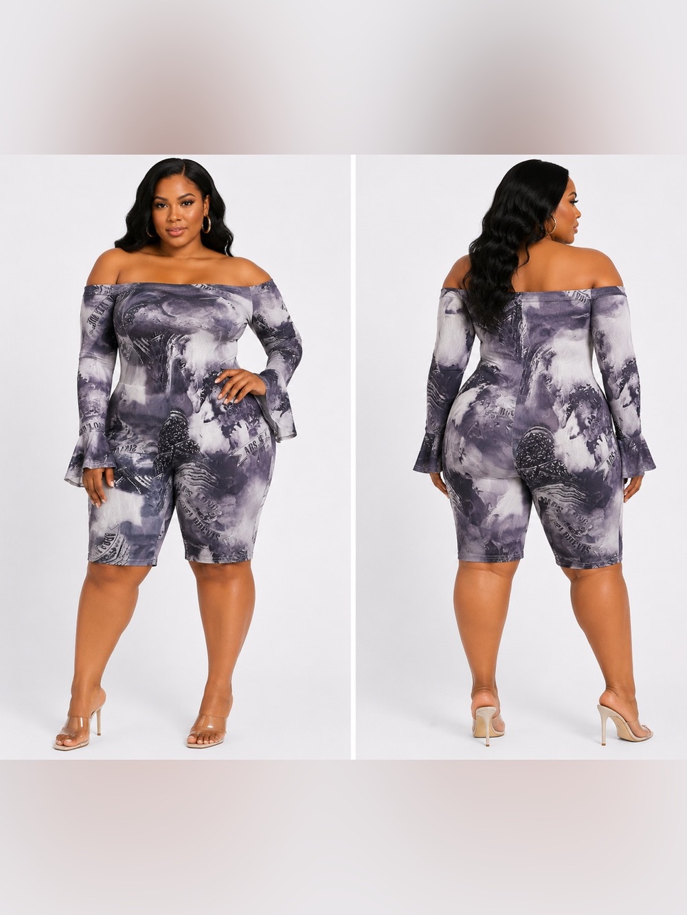 Plus Size Off-Shoulder Mesh Romper in Gray & White